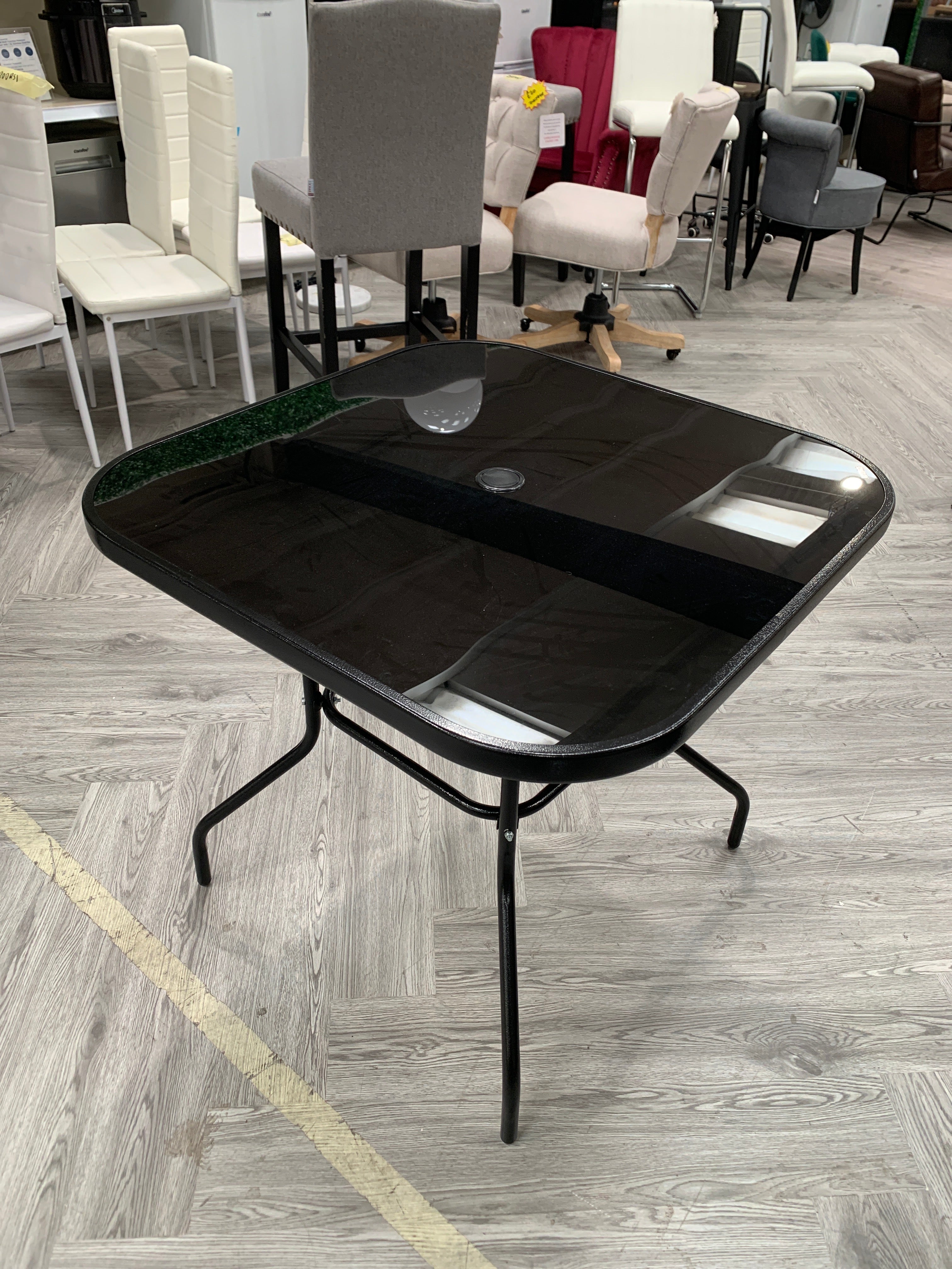 Metallic and Tempered Glass Square Garden Table with Parasol Hole Outdoor 80cm