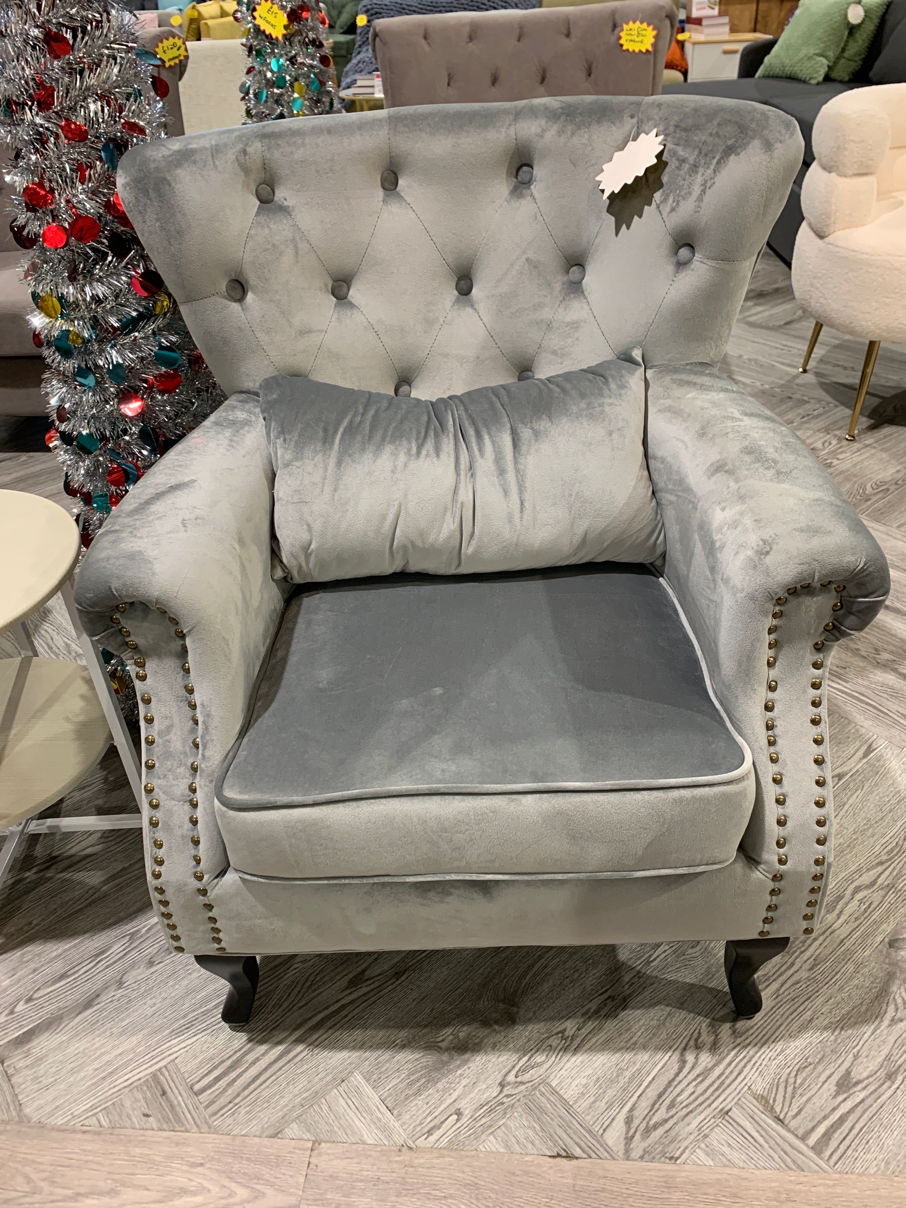 Grey Modern Velvet Upholstered Wingback Armchair with Cushion