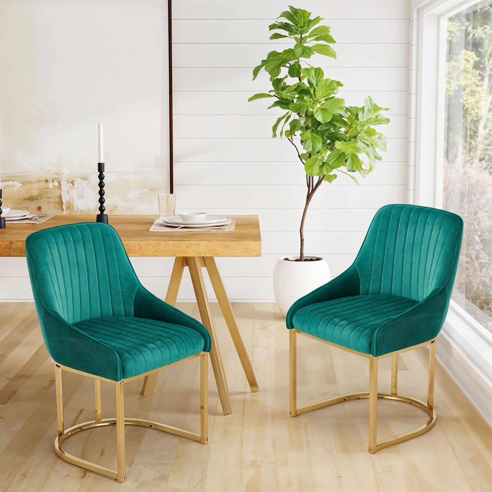 New Set of 2 Channel Velvet Upholstered Dining Chairs with Metal Base