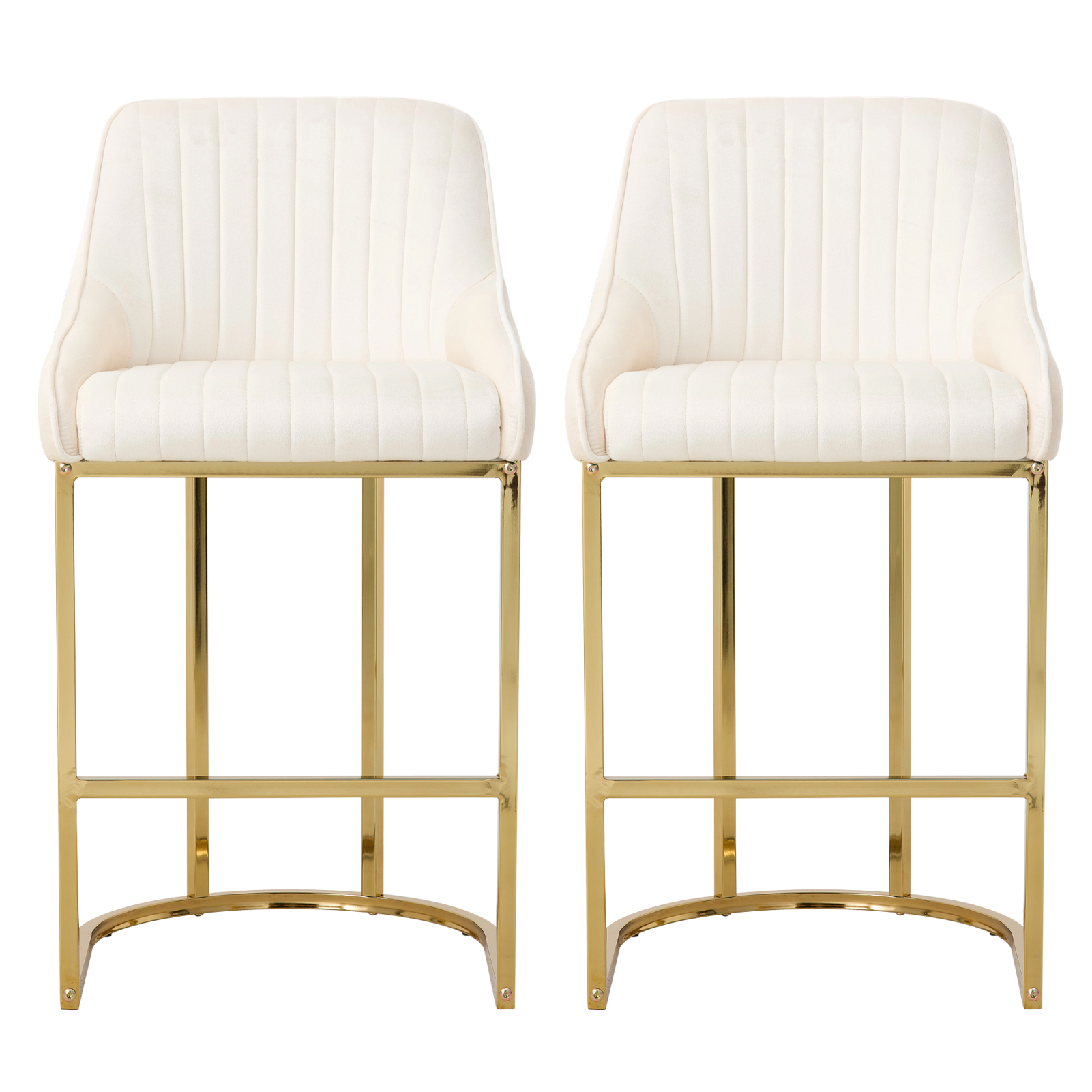 New Set of 2 Upholstered Bar Stools White Velvet with Gold Metal Base
