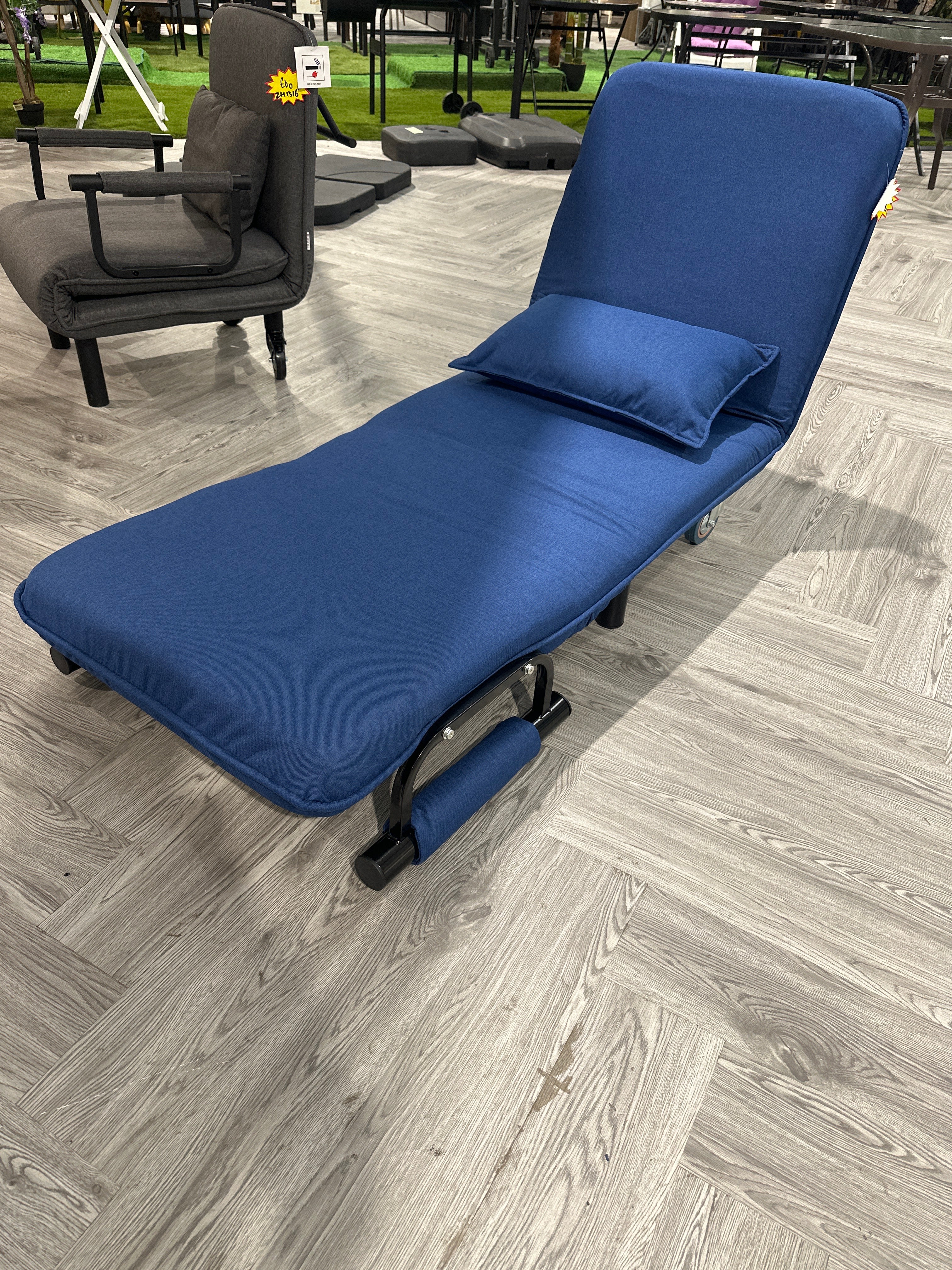 Dark Blue Convertible Chair Lounge and Single Bed with 2 Wheels