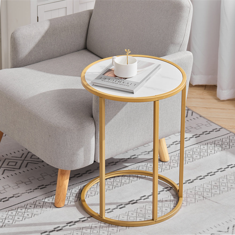 Round Wooden Coffee Table Sofa Side Table with Gold Metal Frame