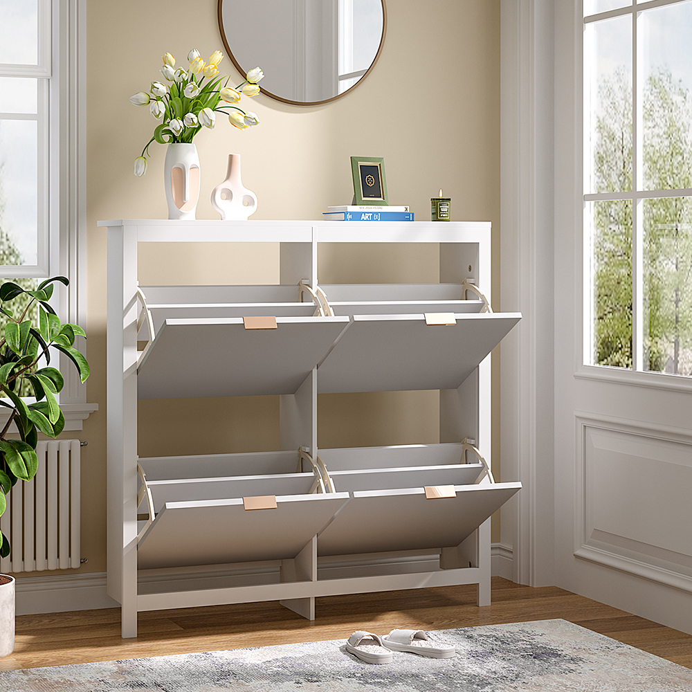 New Flip Down Wood Shoe Cabinet in White Hallway Console Table