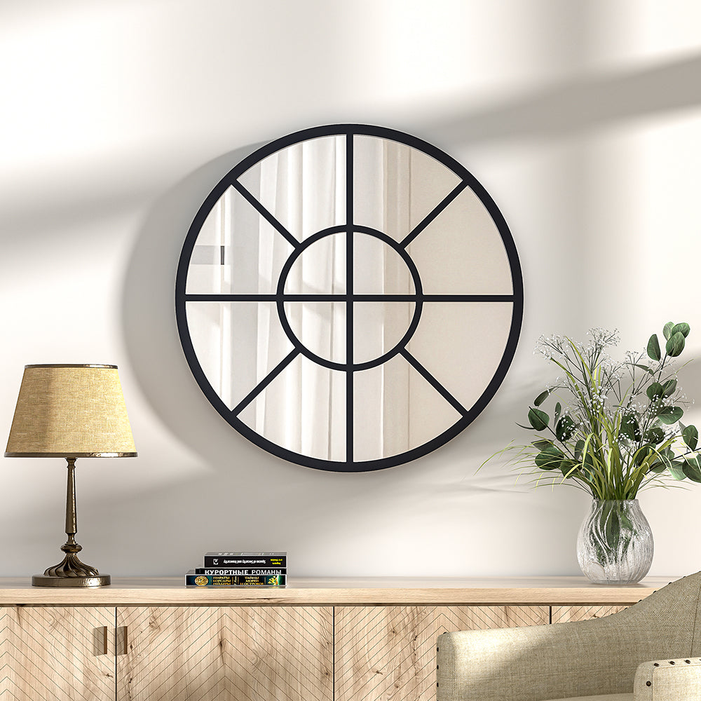 Contemporary Round Metal Windowpane Wall Mirror