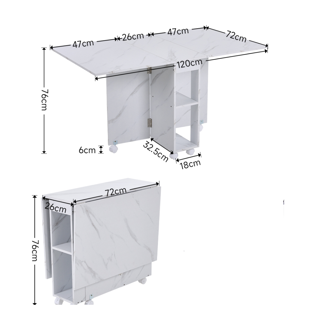 Expandable Drop Leaf Dining Table with Storage Shelves and Wheels