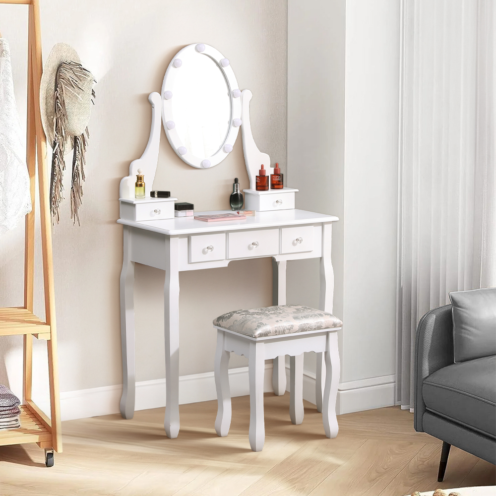 New Dressing Table Set Lighted Makeup Vanity Desk with Oval Mirror and Stool