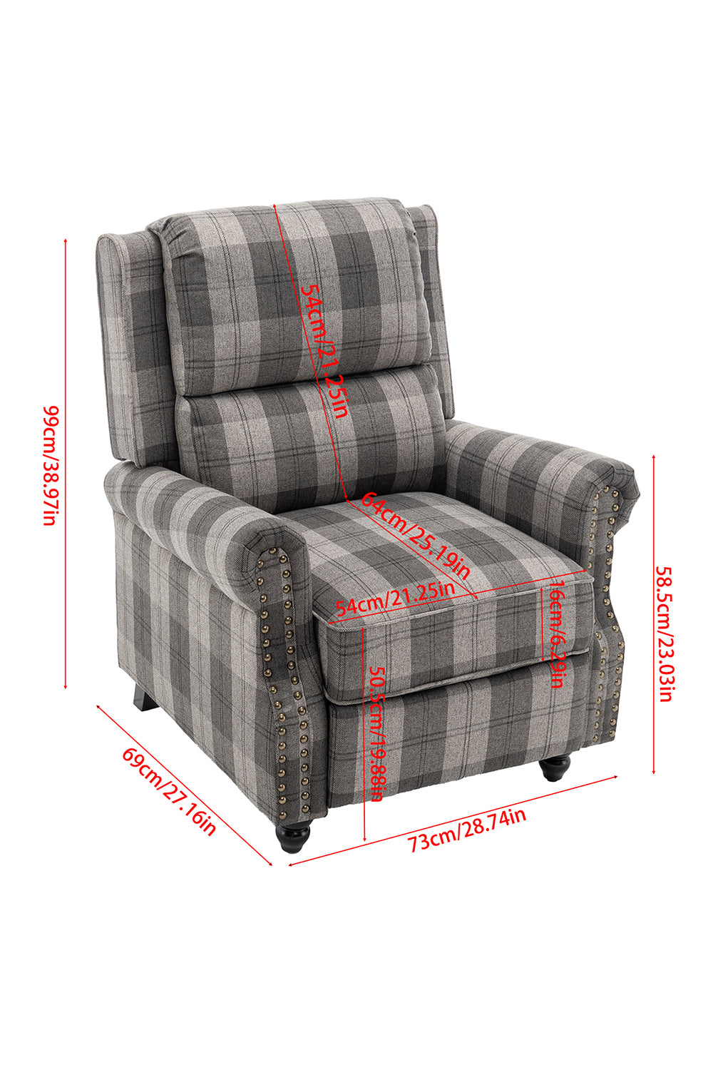 Modern Linen Upholstered Push Back Recliner Armchair with Adjustable Backrest and Hidden Footrest