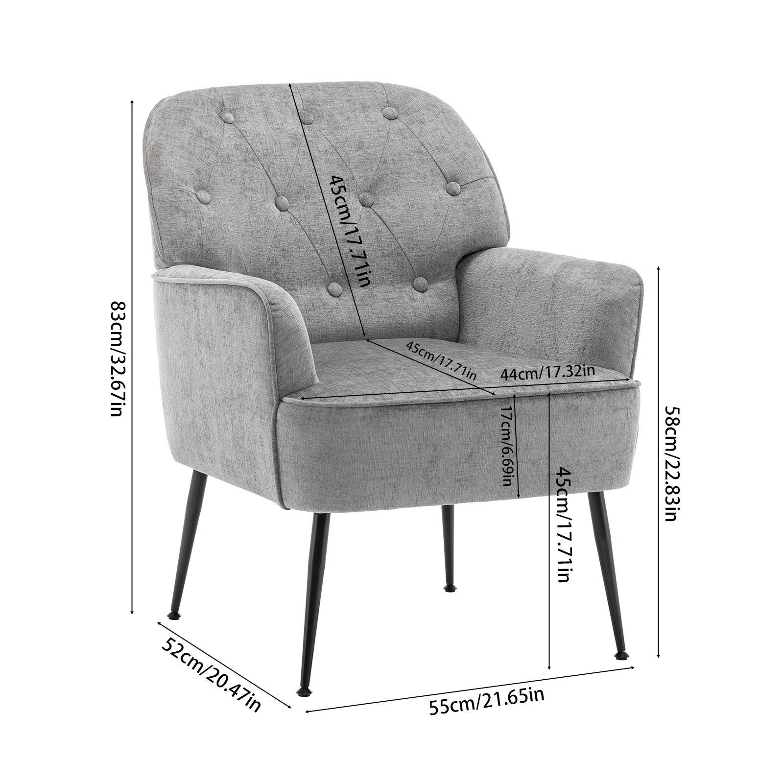 Button Tufted Armchair with Metal Legs Grey