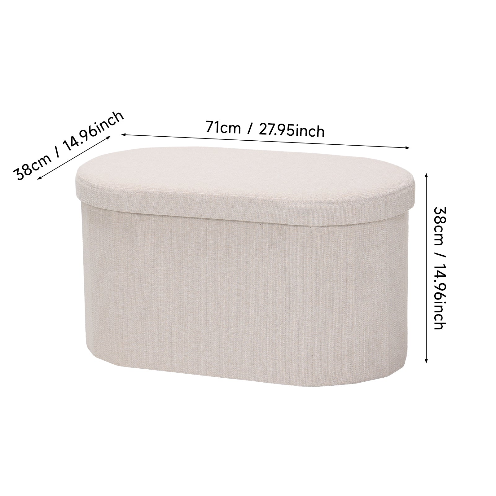 Oval Shaped Linen Upholstered Storage Bench Beige