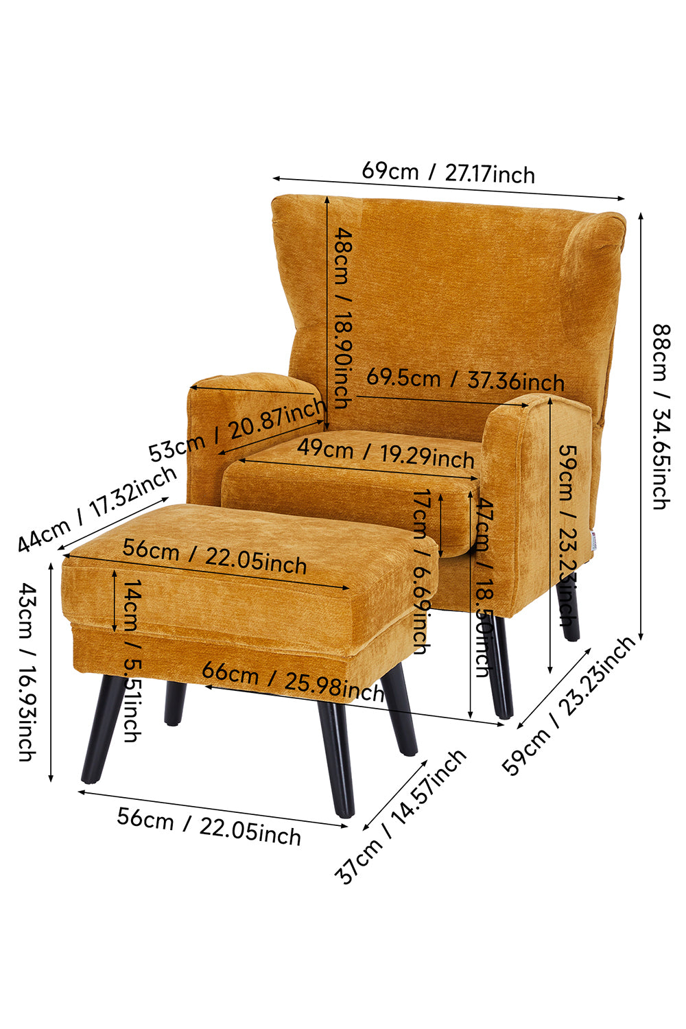 Chenille Upholstered Armchair with Footstool Orange