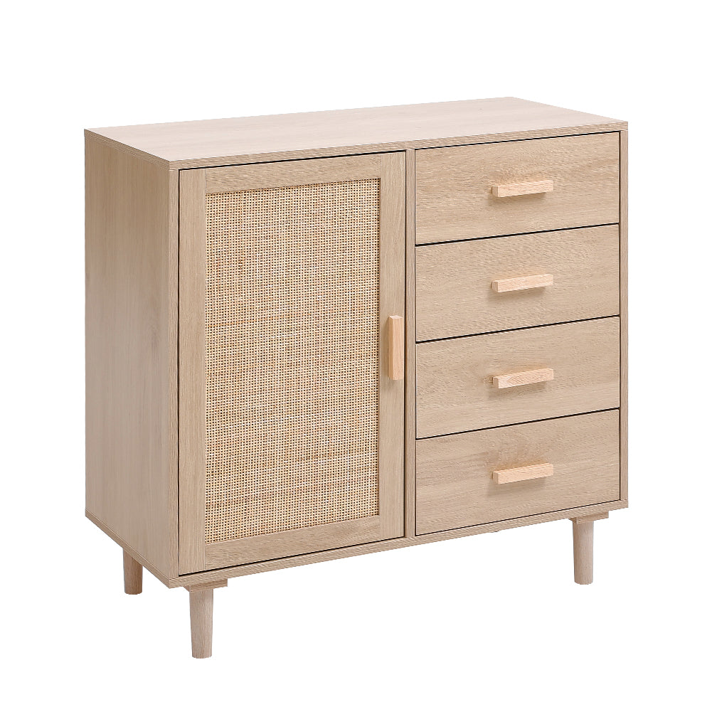 New Wood and Rattan Accent Side Cabinet 1 Door 4 Drawer