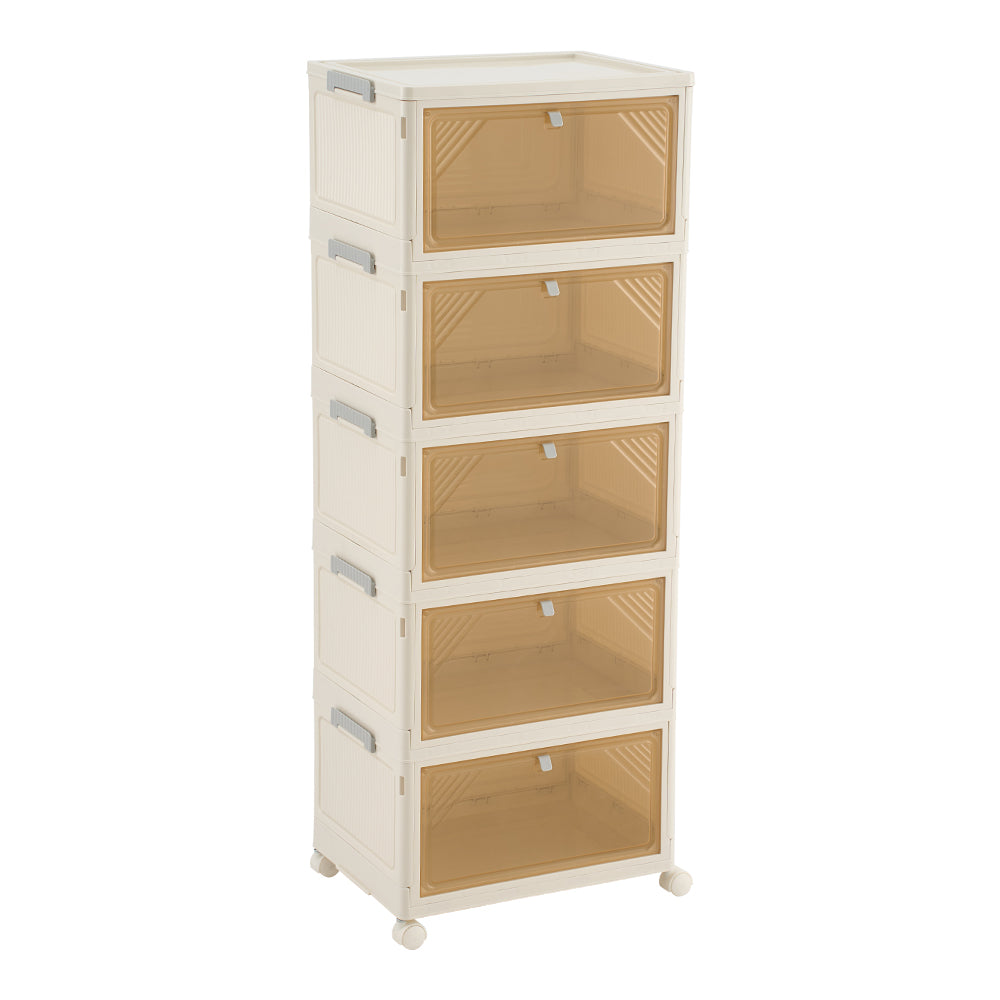 New 5 Tier Foldable Shoe Cabinet with Wheels Ivory White
