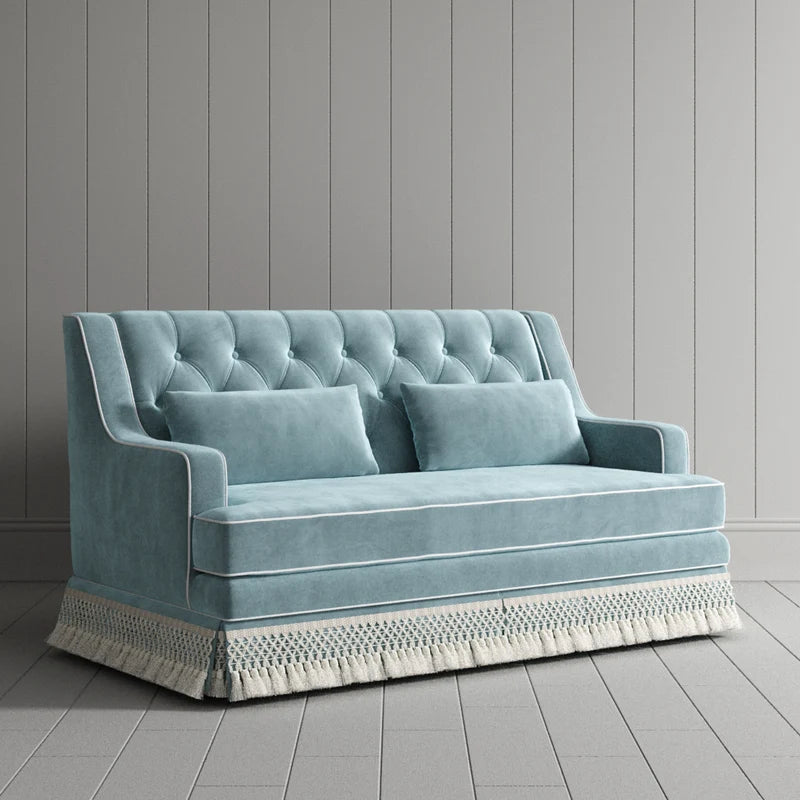 Velvet Country Fringe Skirt 2 Seater Sofa Button Tufted Blue