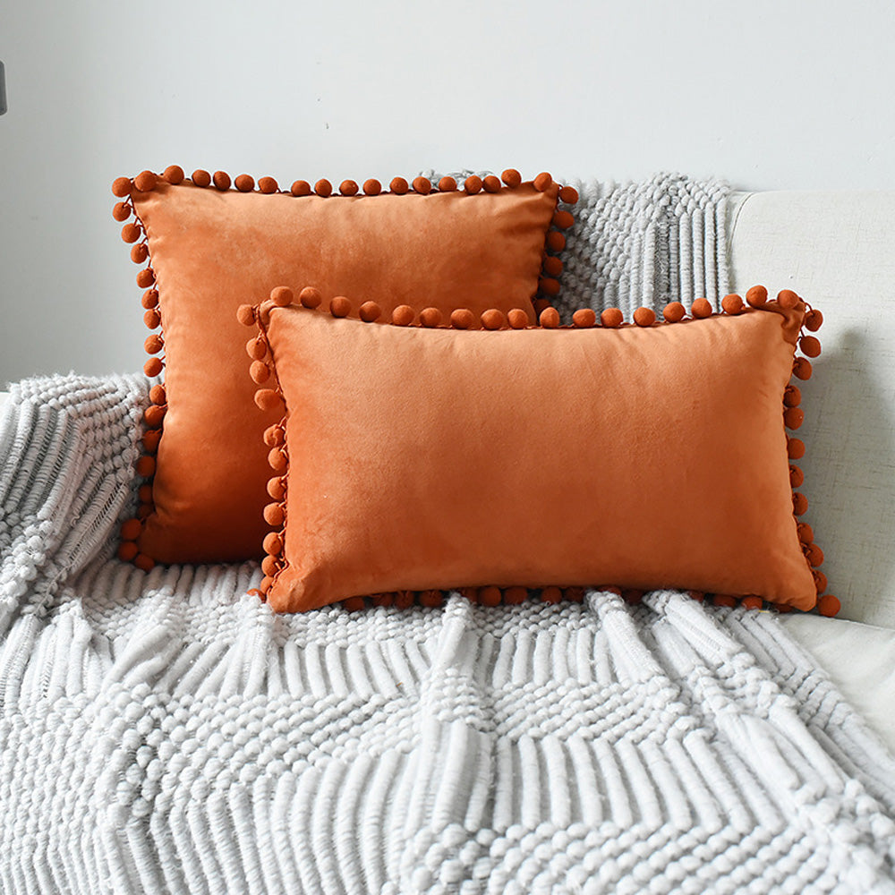 New Throw Pillowcase with Cute Pom Poms Ball Fringe Cushions Orange