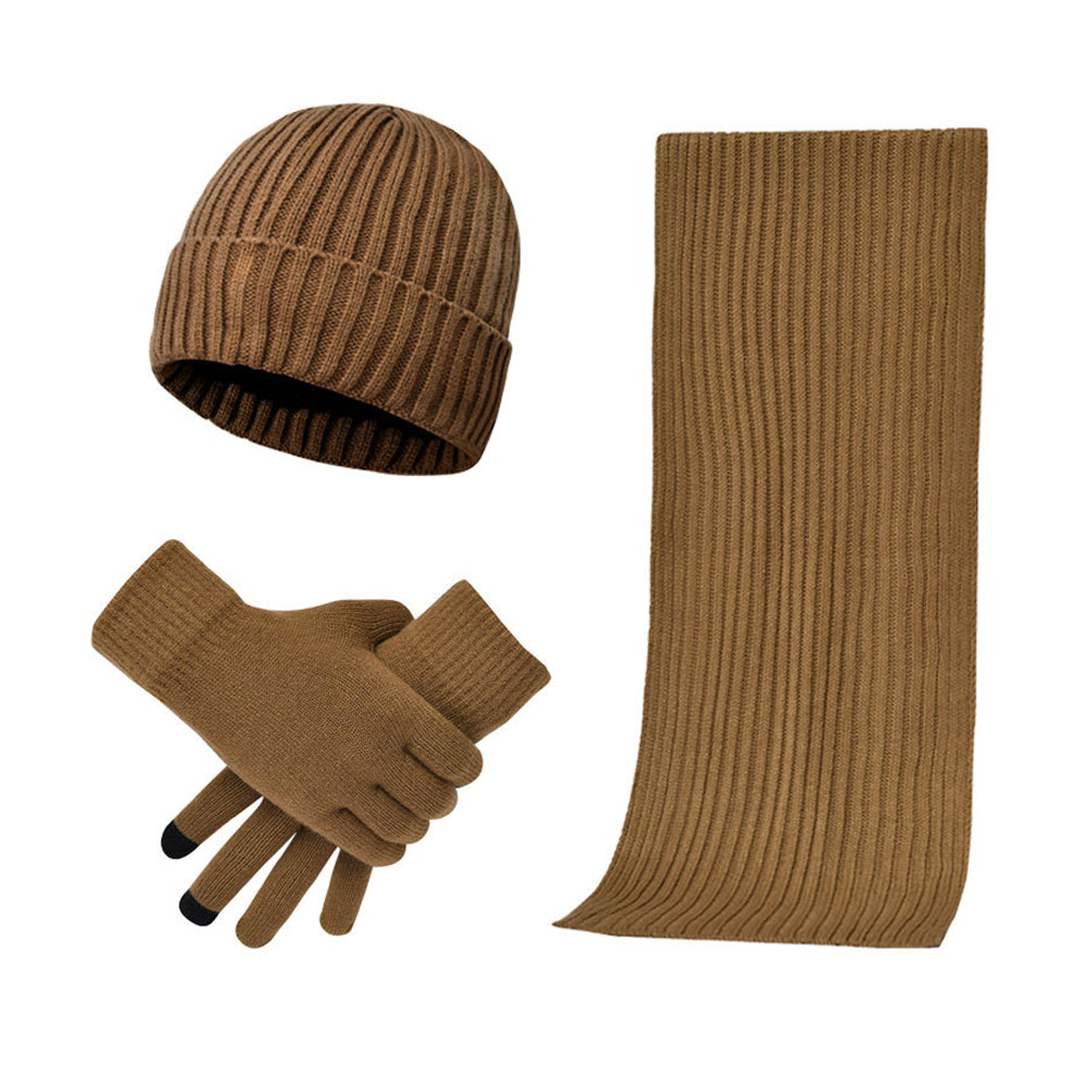 New Set of 3 Knitted Wool Thick Scarf Hat Gloves Men
