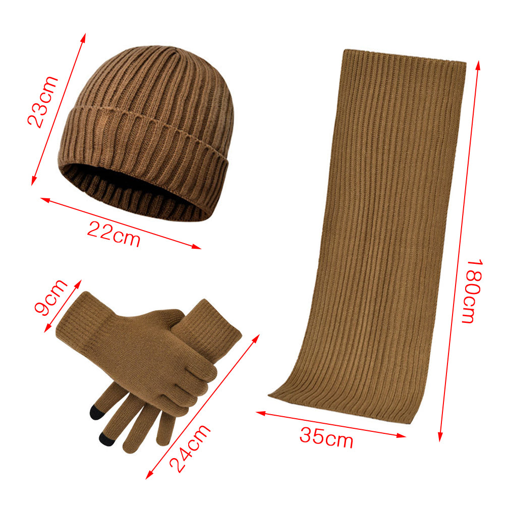 New Set of 3 Knitted Wool Thick Scarf Hat Gloves Men
