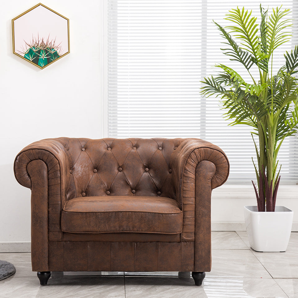 Mid-Century Leather Accent Wingback Chesterfield Armchair