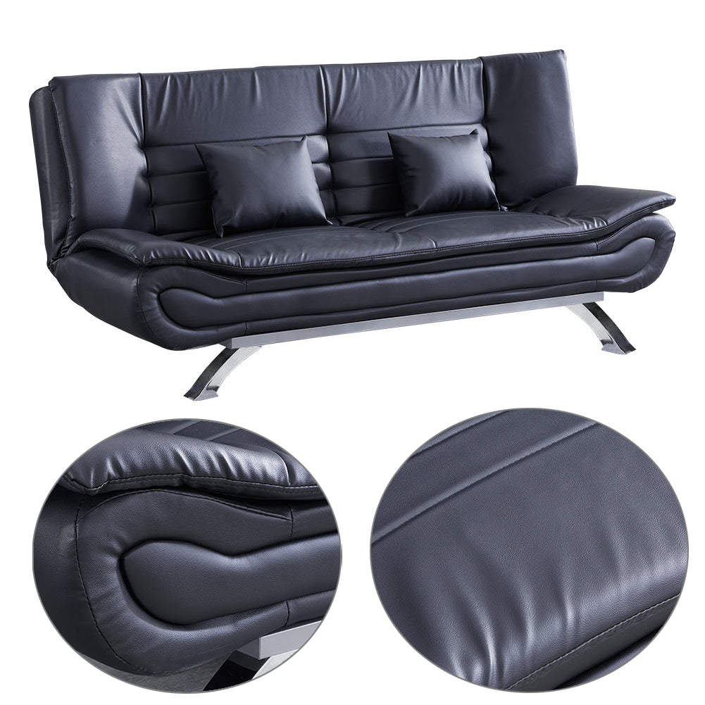 New Black PU Leather 2-Seat Convertible Sofa Bed with Pillows