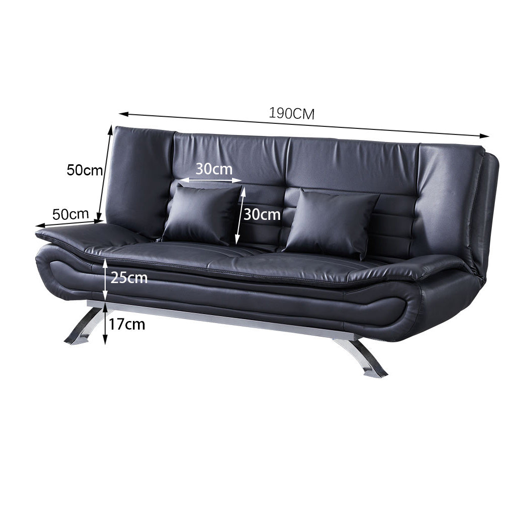 New Black PU Leather 2-Seat Convertible Sofa Bed with Pillows