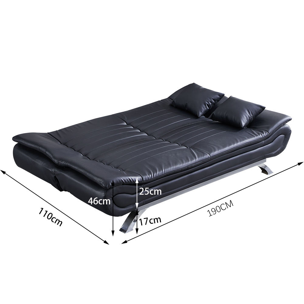 New Black PU Leather 2-Seat Convertible Sofa Bed with Pillows