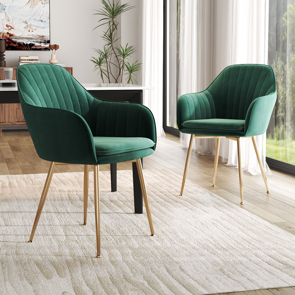 New Set of 2 Green Velvet Upholstered Dining Chairs with Polished Gold Legs