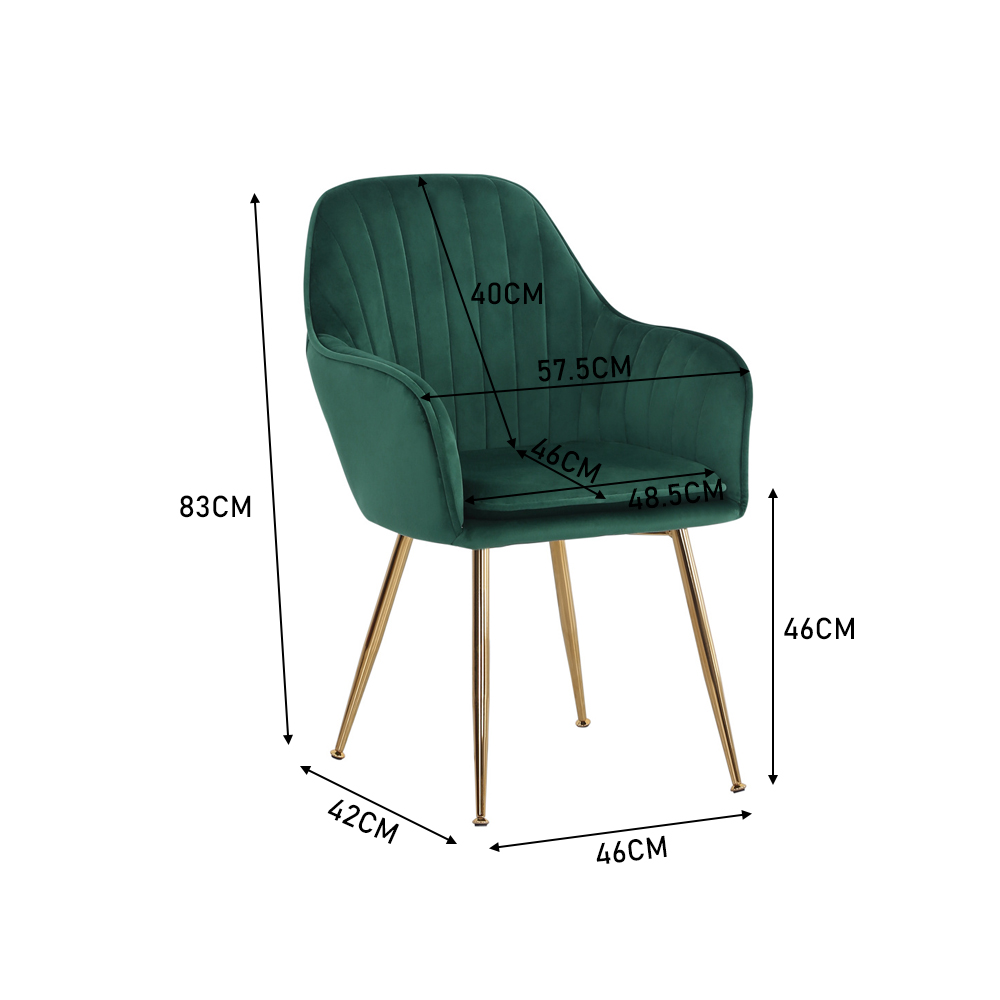 New Set of 2 Green Velvet Upholstered Dining Chairs with Polished Gold Legs