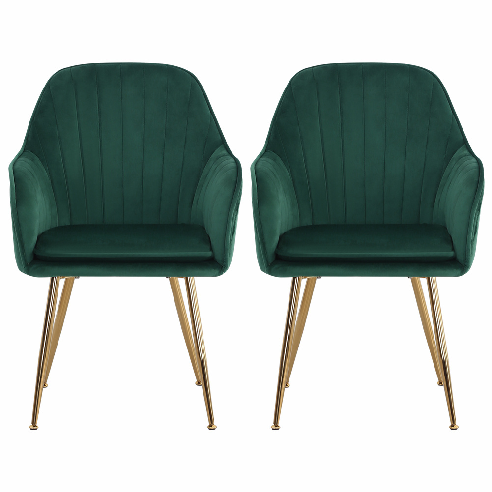 New Set of 2 Green Velvet Upholstered Dining Chairs with Polished Gold Legs
