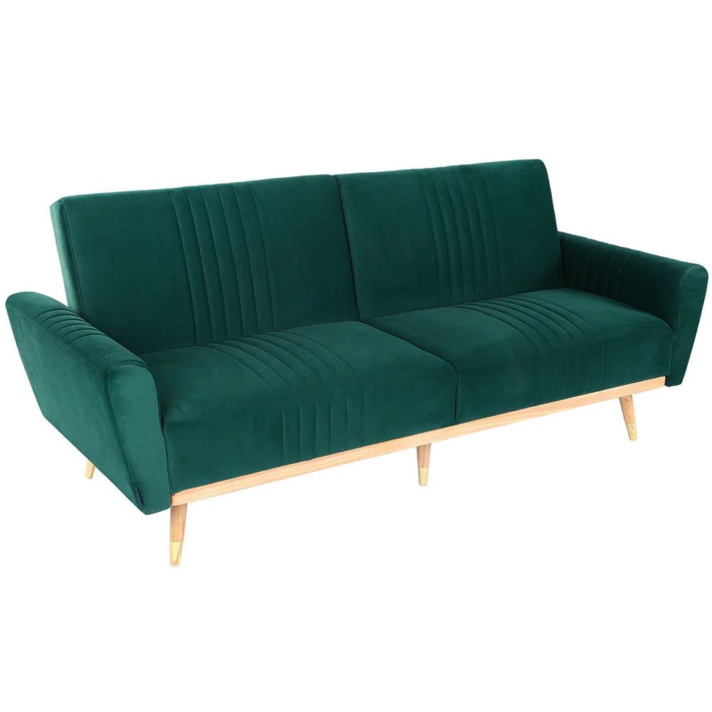 Green Modern Velvet 3 Seater Sofa Bed Recliner Couch with Wood Legs