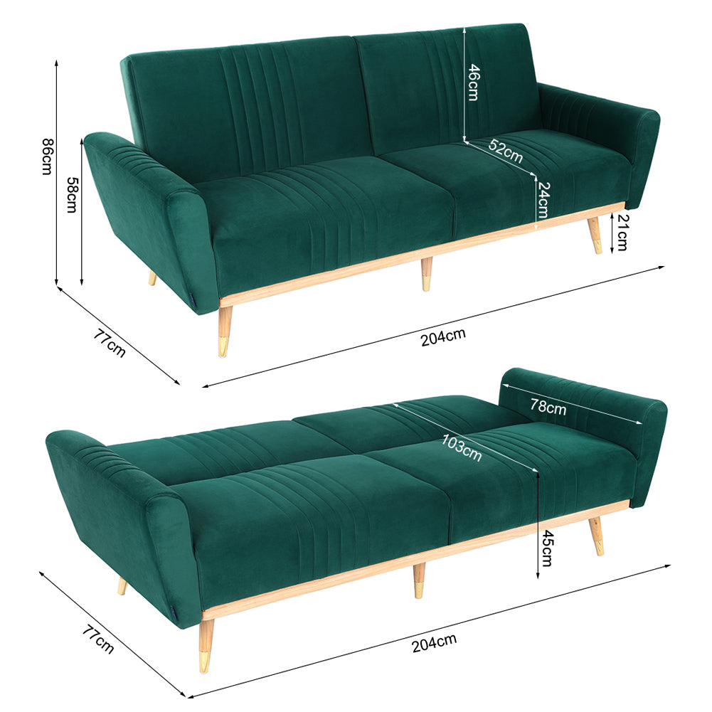 Green Modern Velvet 3 Seater Sofa Bed Recliner Couch with Wood Legs