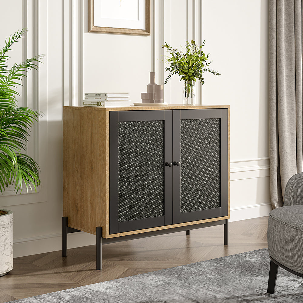 Contemporary Storage Cabinet Sideboard with Black Rattan Doors