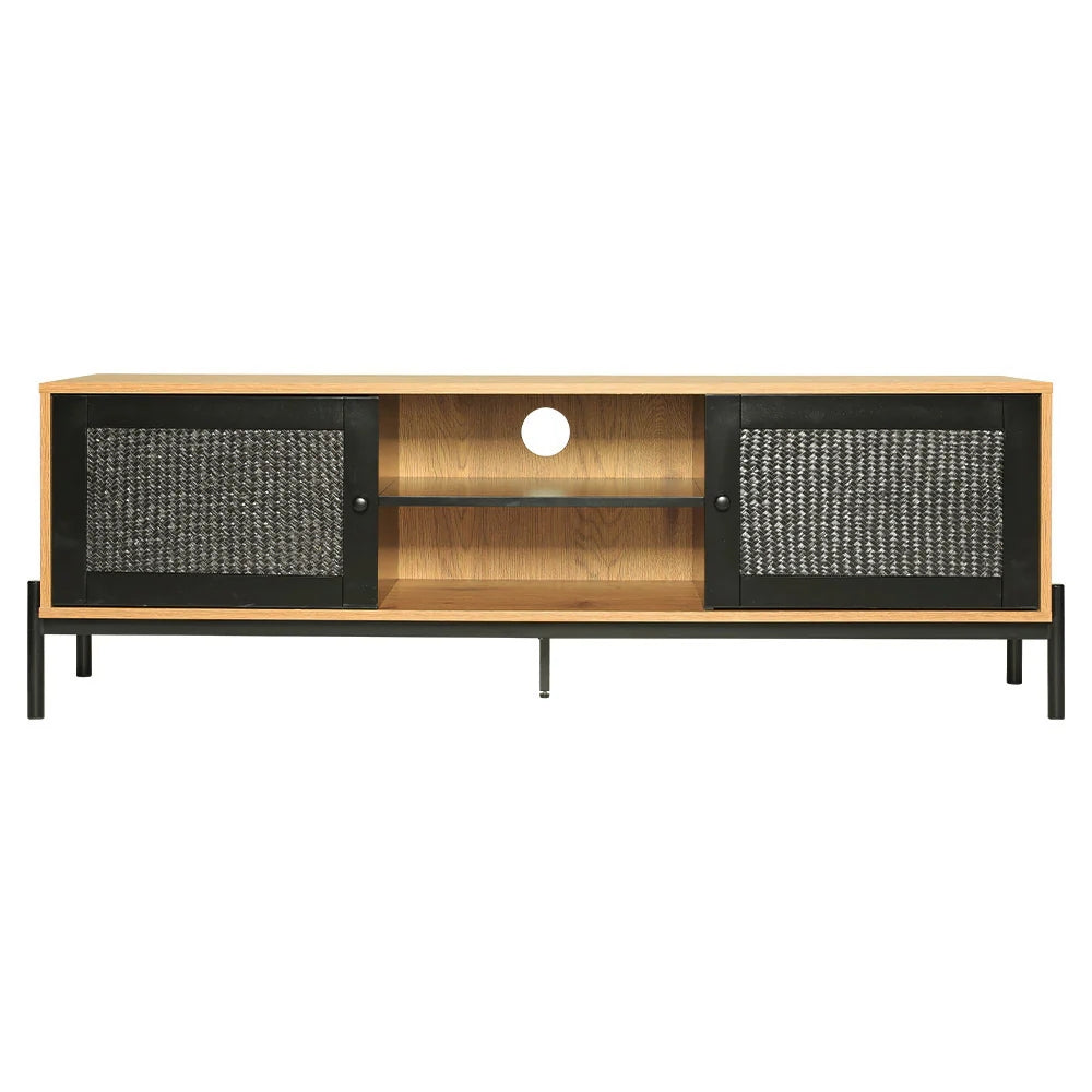 Entertainment Centre TV Stand Storage Cabinet with Black Rattan Doors