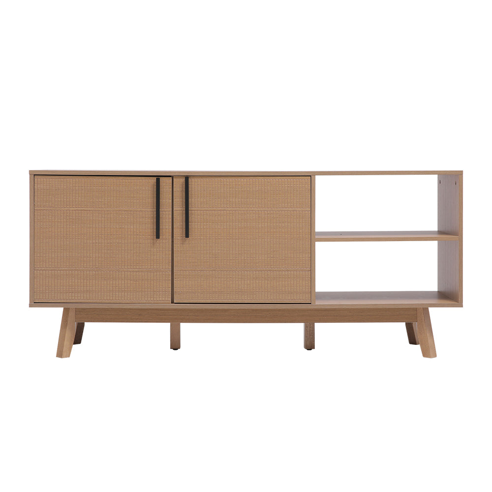 New Wooden TV Stand with Storage Cabinet and Open Shelves Dark Brown