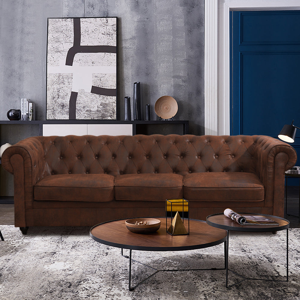3 Seater Leather Button Tufted Chesterfield Sofa Armchair Brown