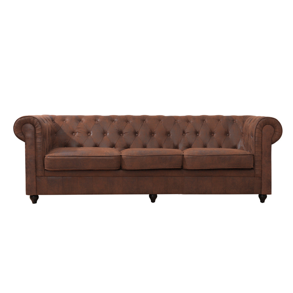 3 Seater Leather Button Tufted Chesterfield Sofa Armchair Brown