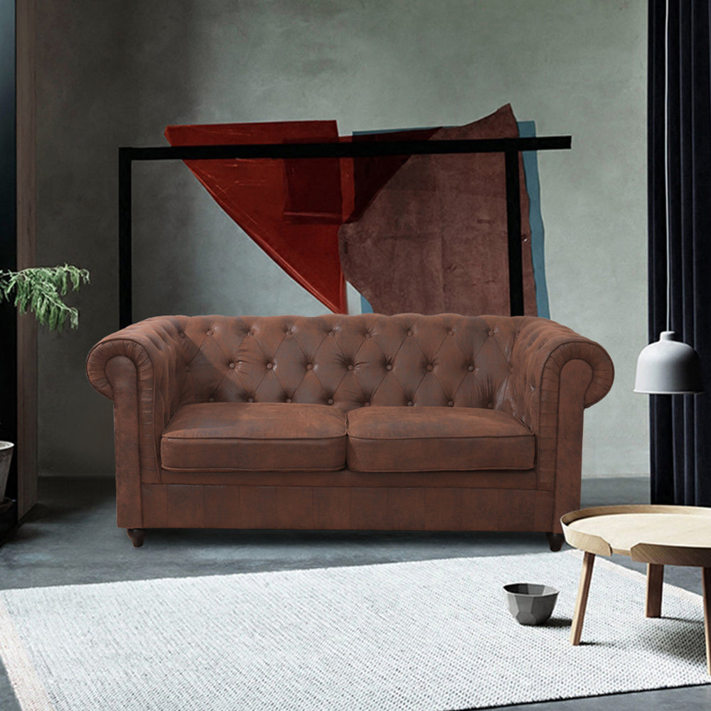 2 Seater Leather Button Tufted Chesterfield Sofa Armchair Brown