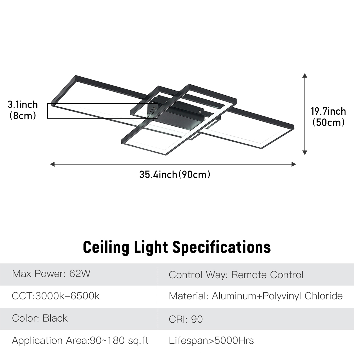 New Black 90cm W Rectangular LED Semi Flush Ceiling Light Dimmable with Remote