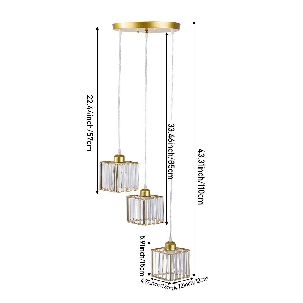 New Gold 3-Light Crystal Ceiling Pendant Light Fixture Non Dimmable