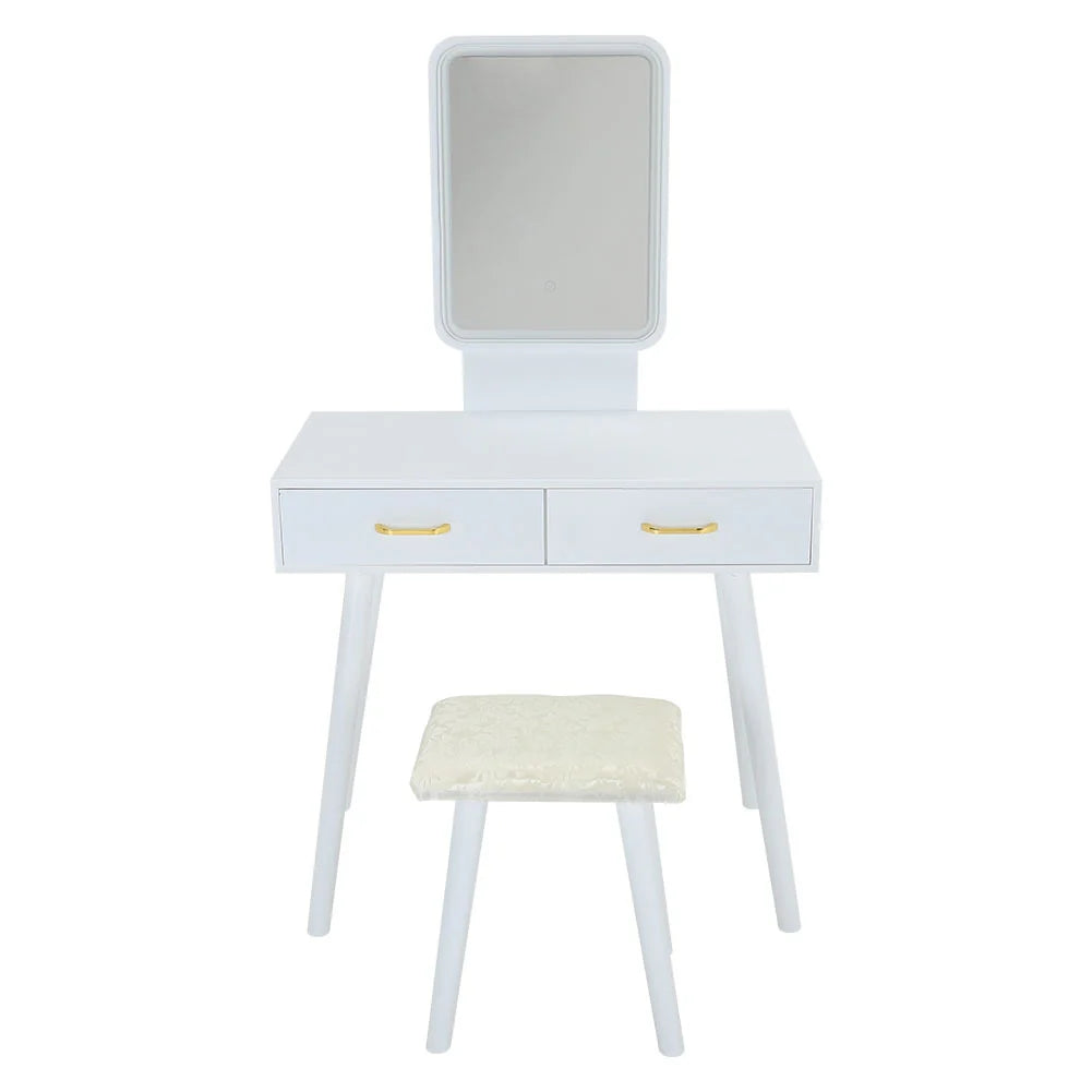 2 Drawers Dressing Table Set with Stool Dresser with Adjustable LED Rectangle Mirror