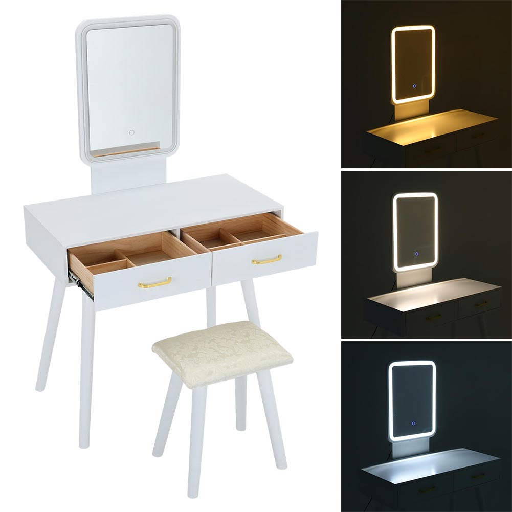 2 Drawers Dressing Table Set with Stool Dresser with Adjustable LED Rectangle Mirror