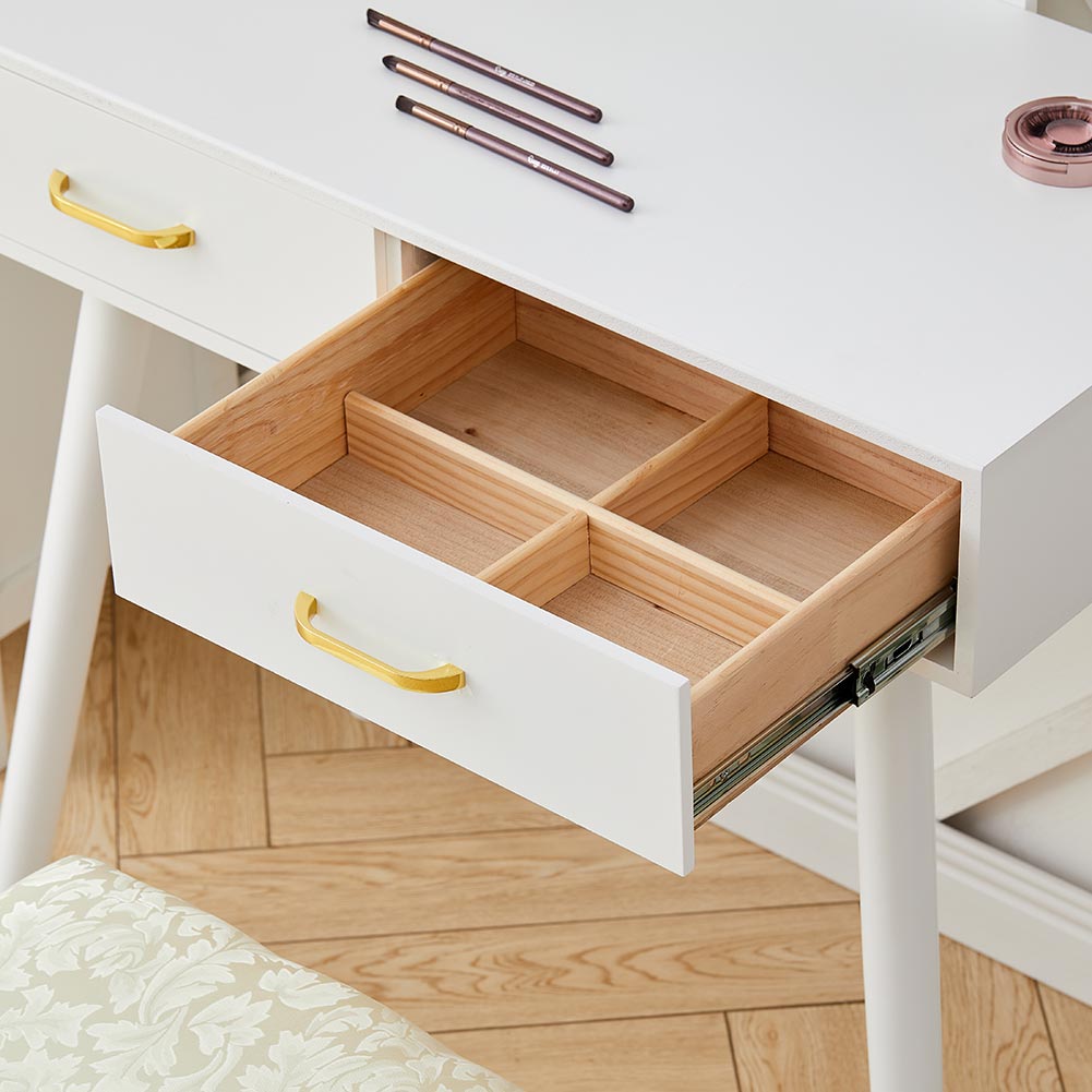 2 Drawers Dressing Table Set with Stool Dresser with Adjustable LED Rectangle Mirror