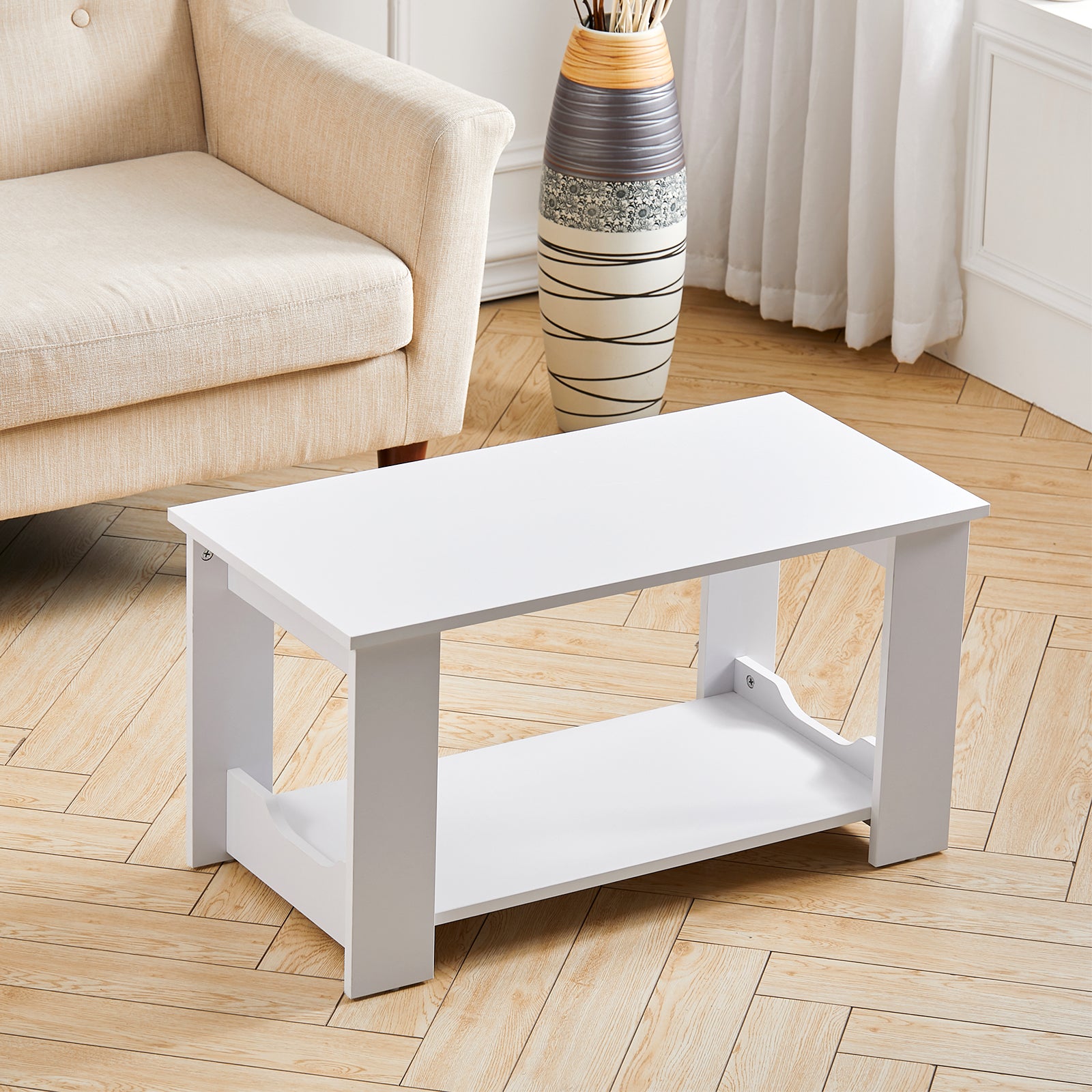 Simple White Coffee Table 2 Tier Small Tea Table Wooden Desk