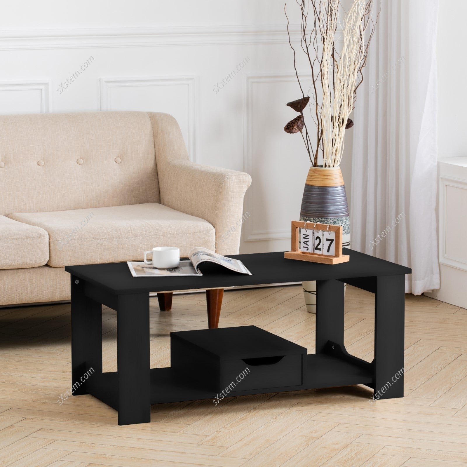 Black Coffee Table with Storage Small Tea Table Desk Wooden Living Room Furniture