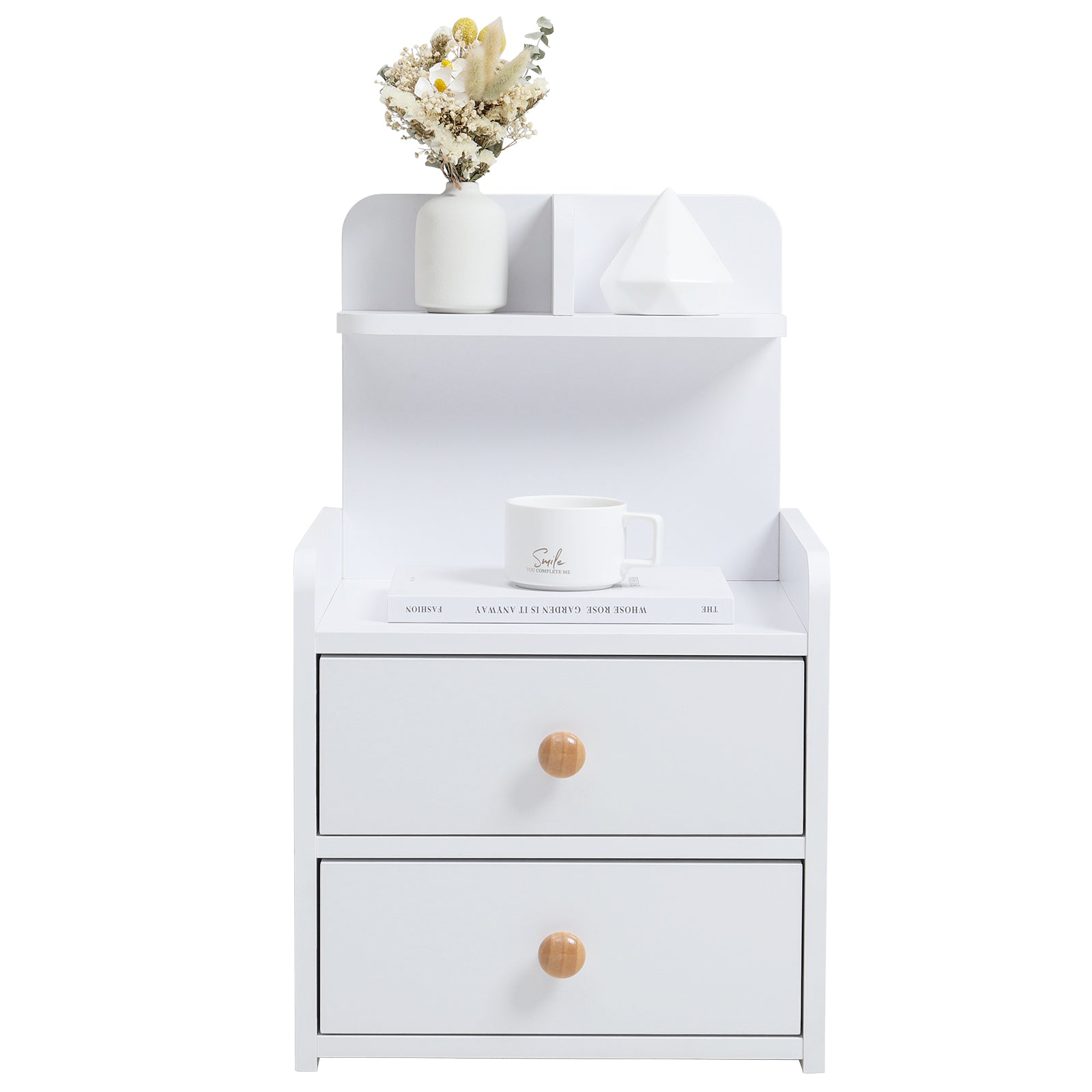 Wooden 2-Drawers Bedside Table Nightstand with a Shelf White