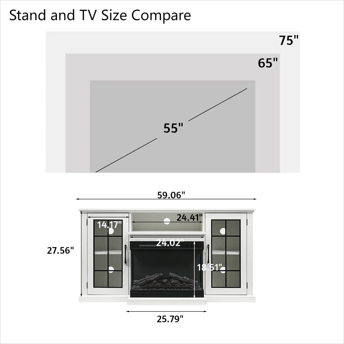 Fireplace TV Stand with Glass Door Closed Storage White