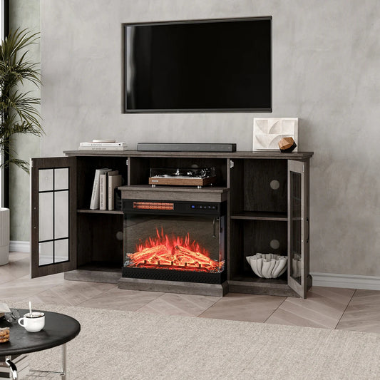 Rustic Grey TV Stand with Glass Door Closed Storage for 24 inch Fireplace