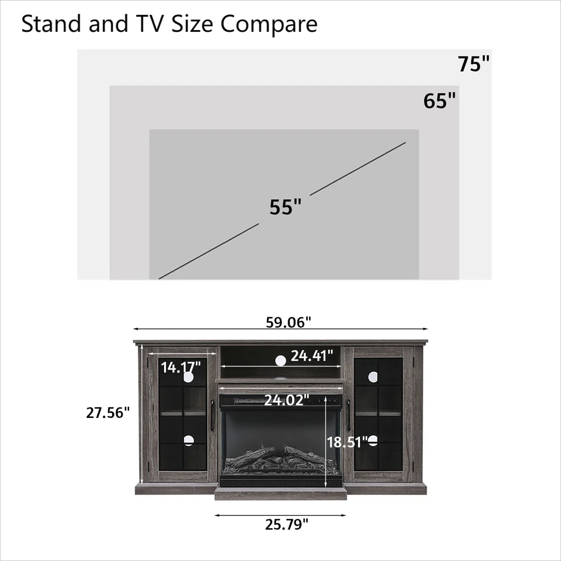 Fireplace TV Stand with Glass Door Closed Storage Rustic Grey