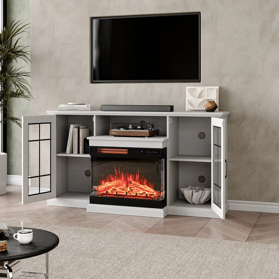 Fireplace TV Stand with Glass Door Closed Storage White