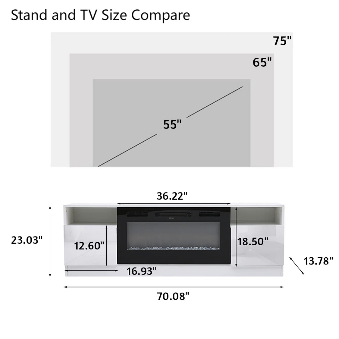 New 36 Inch Fireplace TV Stand with Closed Storage White