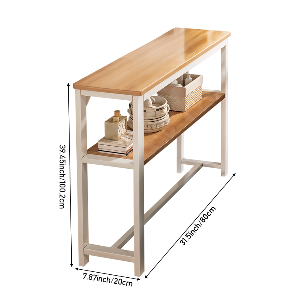2 Tier Slim Table Wooden Tabletop White and Beige