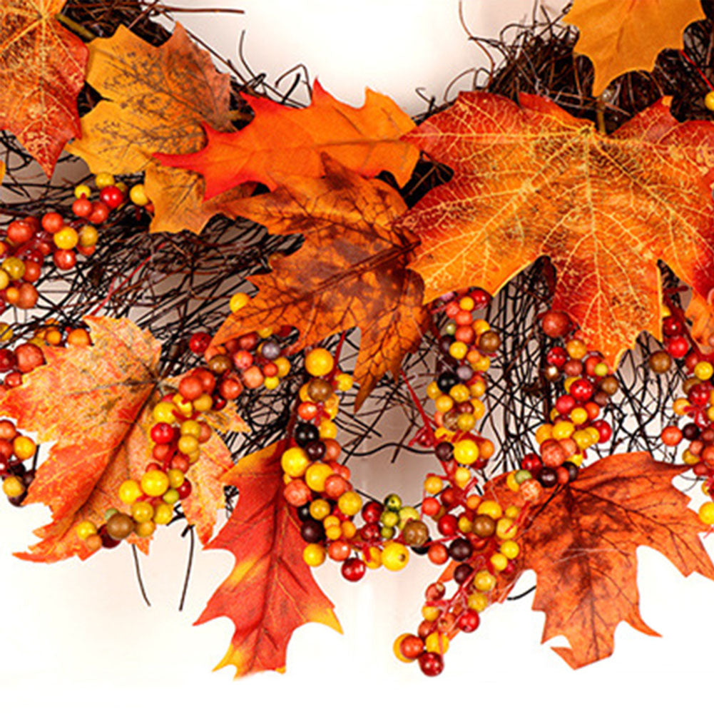 Lighted Maple Leaves Rattan Wreath with Berries Autumn Decor